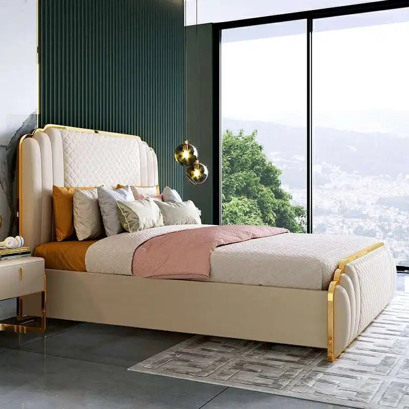Luxury King Bed with Gold Trim & Quilted Headboard
