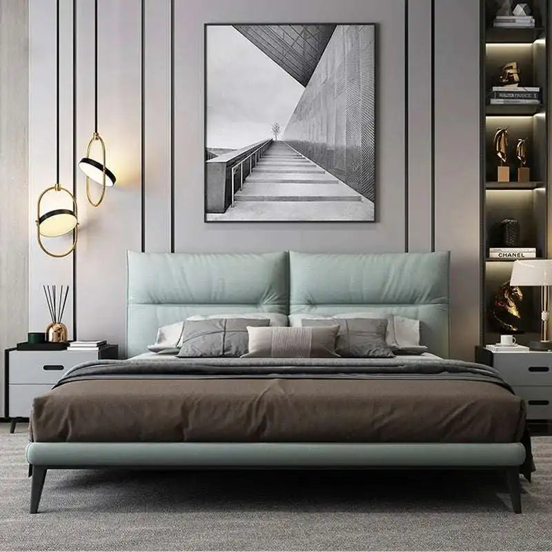 Green Fabric Bed | Modern Platform Bed with Wood Legs