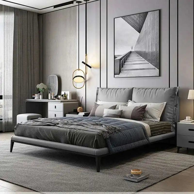 Gray Faux Leather Platform Bed with Headboard