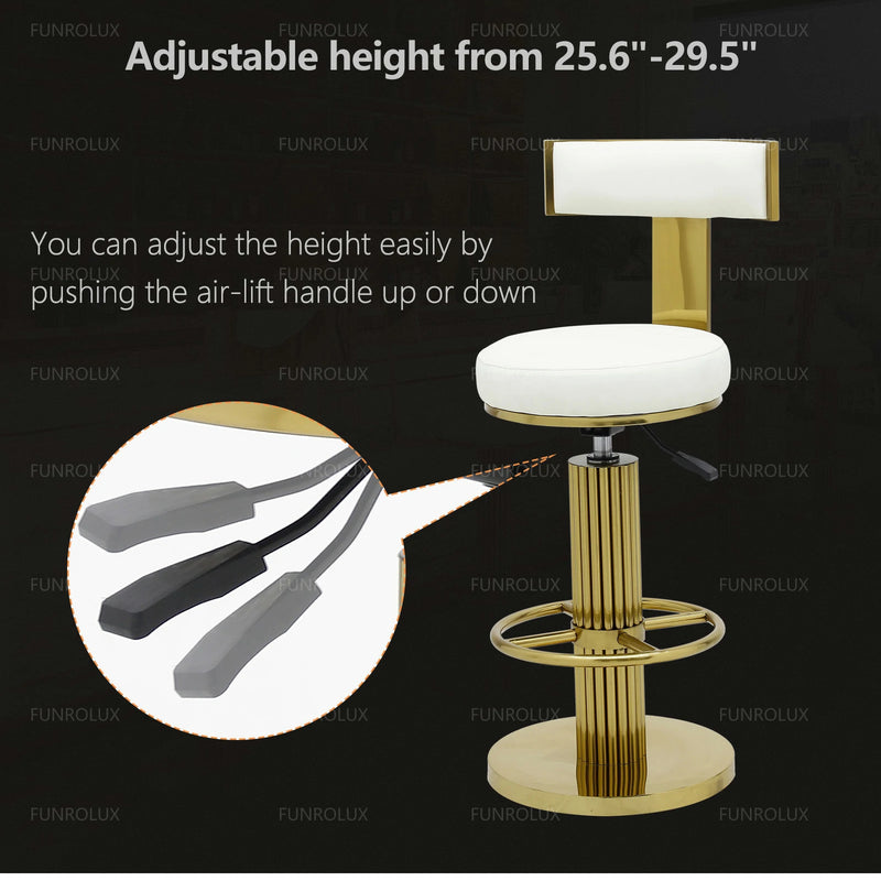 Modern Gold Stainless Steel Adjustable Bar Stool with White Leather Seat – 25.5
