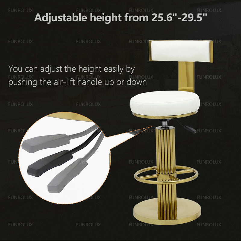 Modern Gold Stainless Steel Adjustable Bar Stool with White Leather Seat – 25.5
