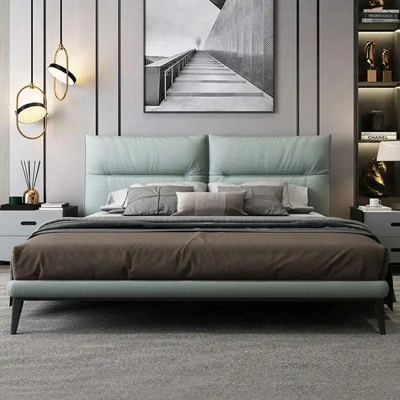 Green Fabric Bed | Modern Platform Bed with Wood Legs