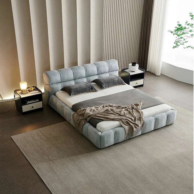 Gray Velvet Platform Bed – Tufted Headboard