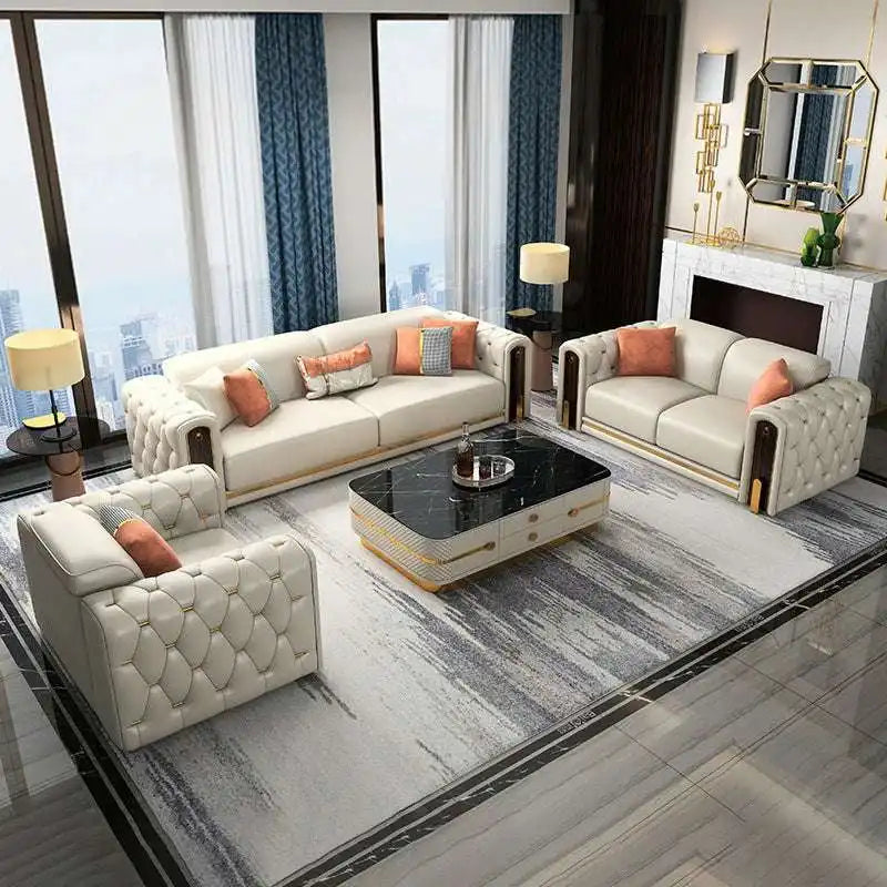 Luxury Leather Sofa with Gold Accents & Pillows