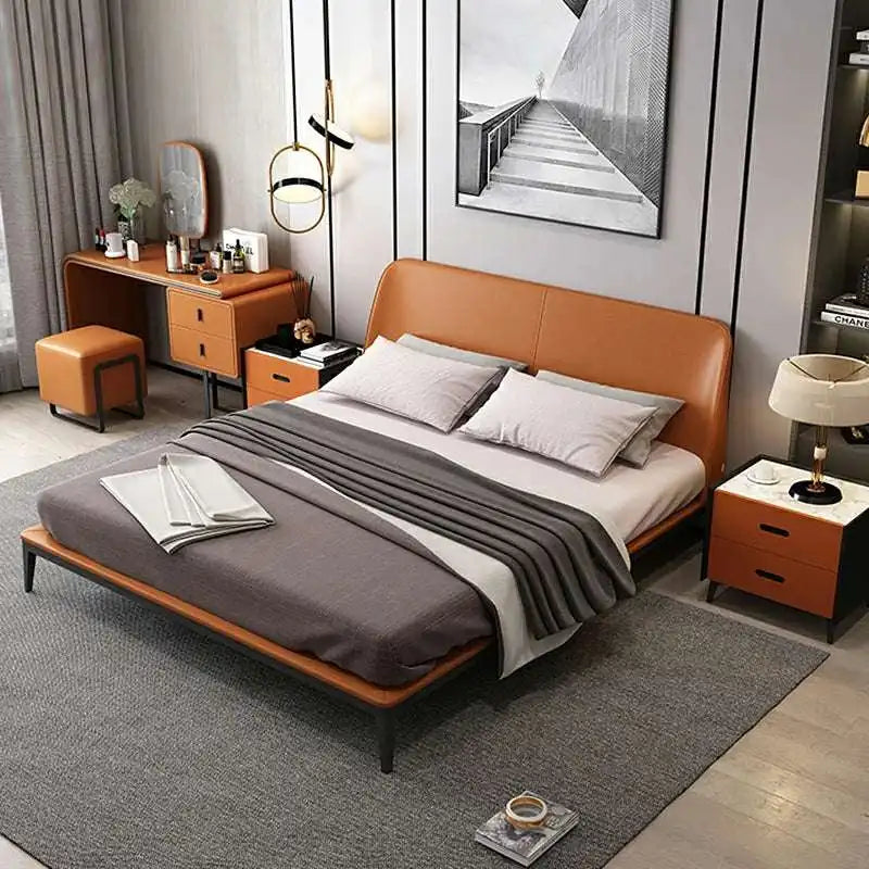 Faux Leather Platform Bed - Rust Brown - Modern Bed Frame
