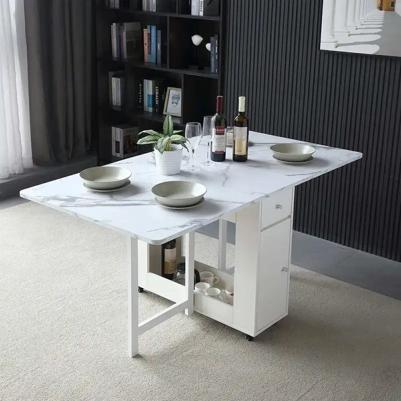 Extendable Marble-Top Folding Dining Table with Storage
