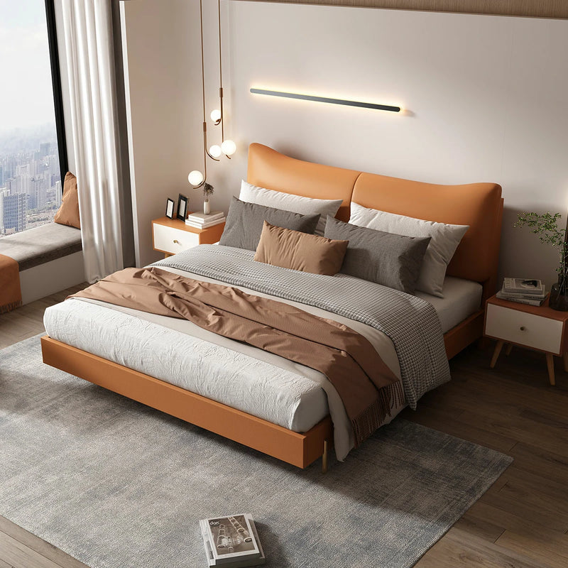 Caramel Leather Wingback Bed | Modern Platform Bed Frame