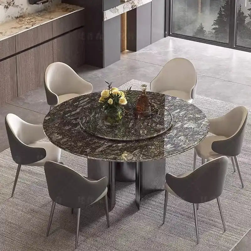 Marble Dining Table with Spinning Lazy Susan Platinum Diamond.webp