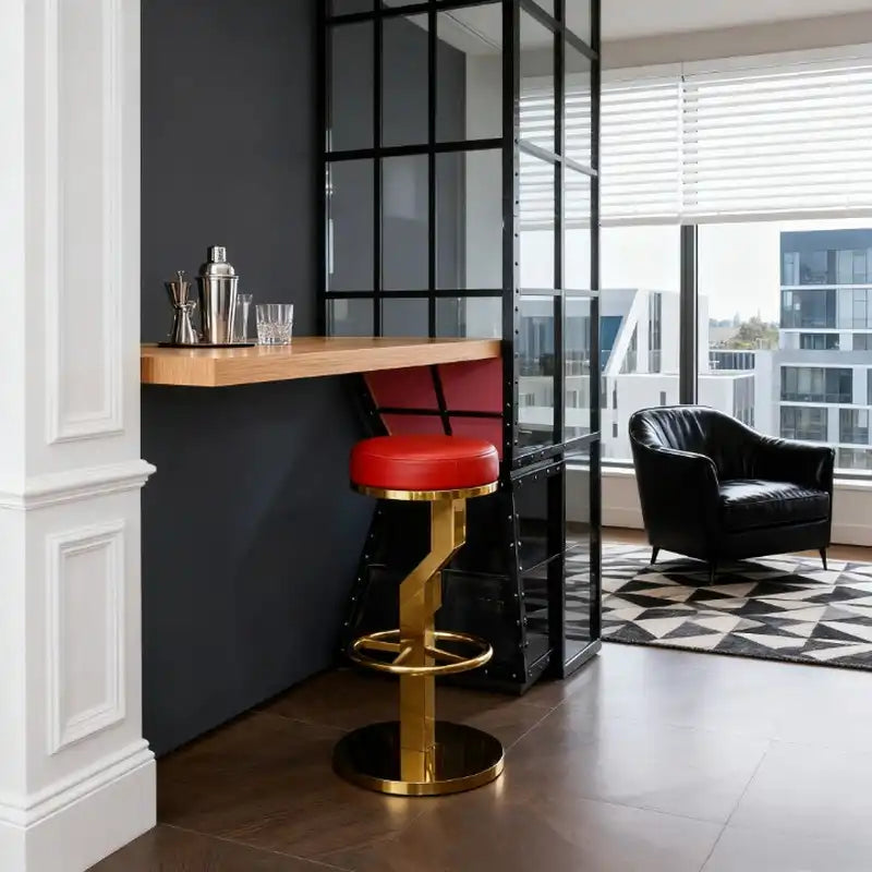 Red Faux Leather Bar Stool - Gold Base | Modern Seating