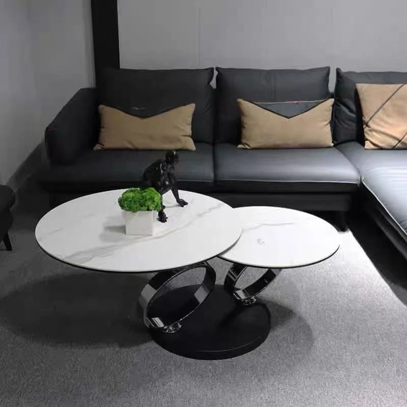 Modern 2-Tier Round Coffee Table with sintered stone Top & Metal Base