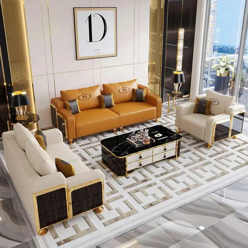 FUNROLUX Luxury Gold Trim Cream Sofa - Elegant Comfort
