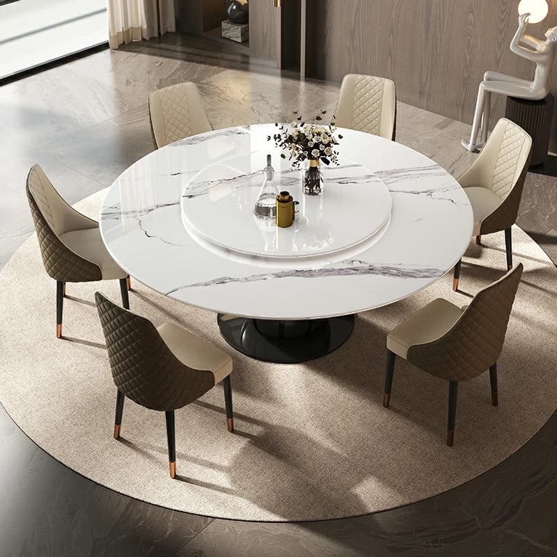 Round Extendable Marble Dining Table with Black Metal Base