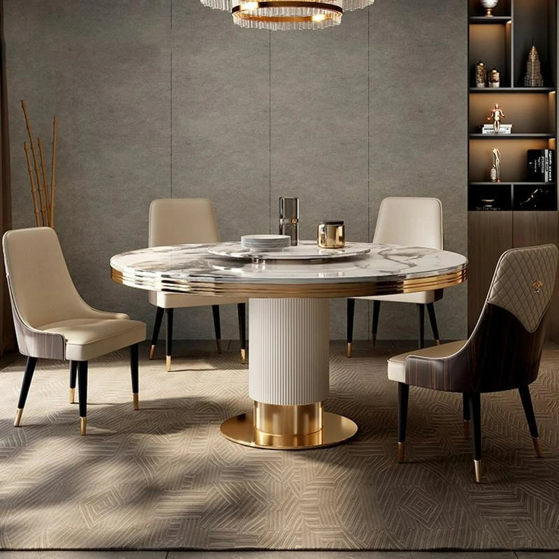 Modern Round Marble Dining Table Set with Gold Accents