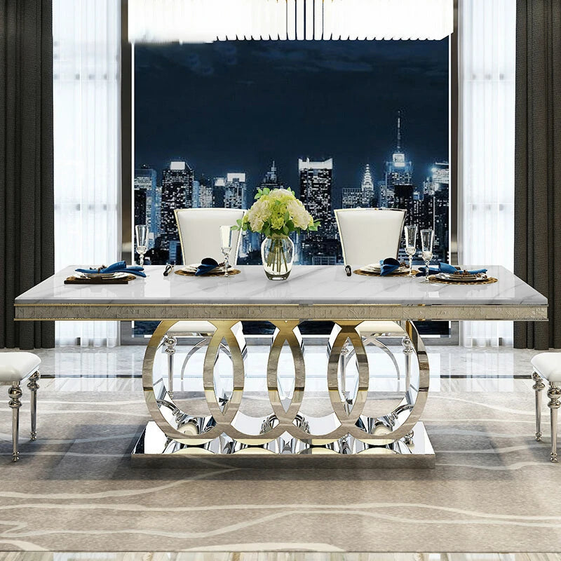 Modern Luxury Marble Top Dining Table with Textured Metal Base