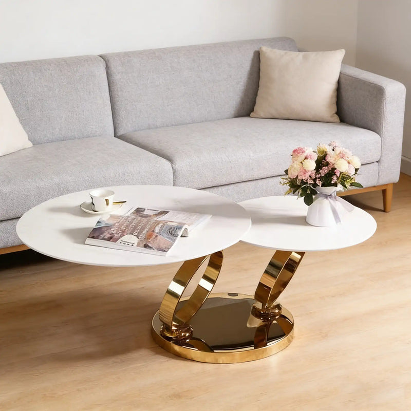 Modern 2-Tier Round Coffee Table with sintered stone Top & Metal Base