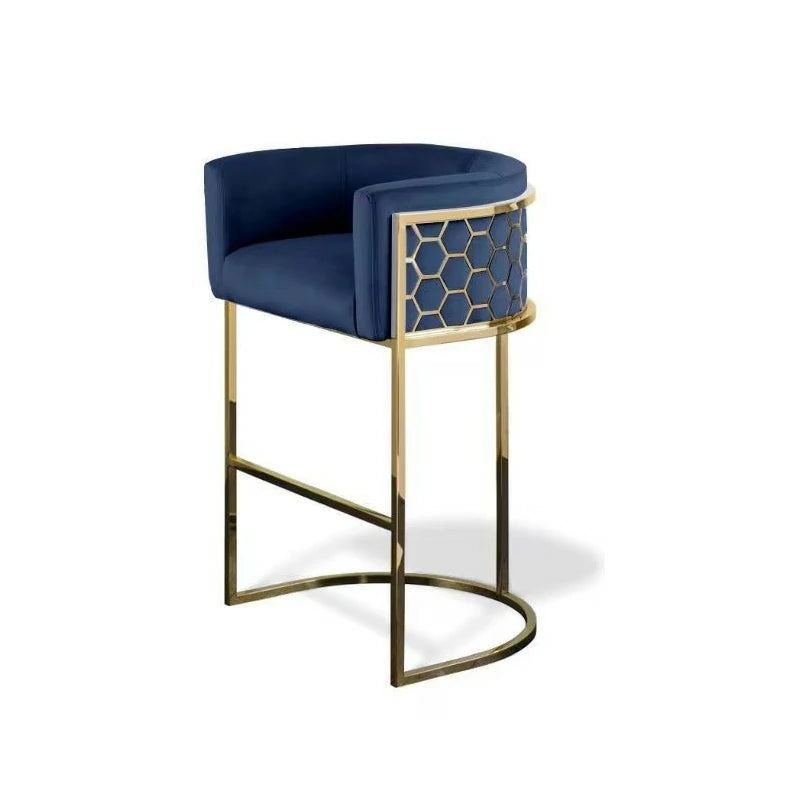 Gold Bar Stool with Honeycomb Back & Gray Velvet Seat