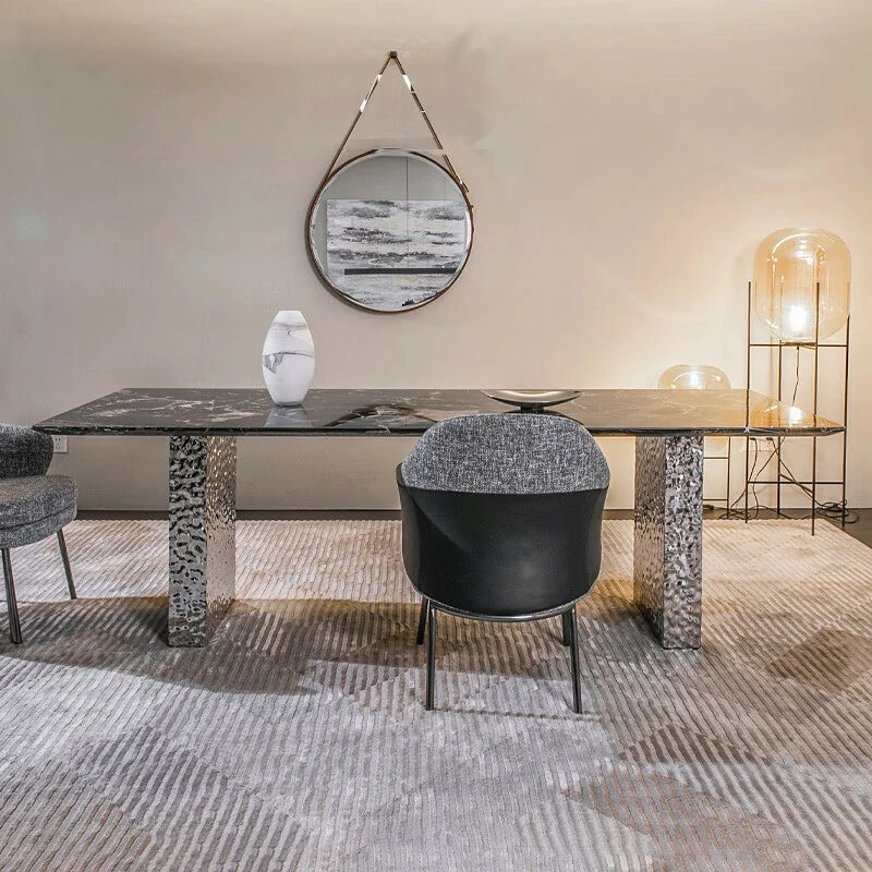 Marble Dining Table with Textured Metal Pedestal Base