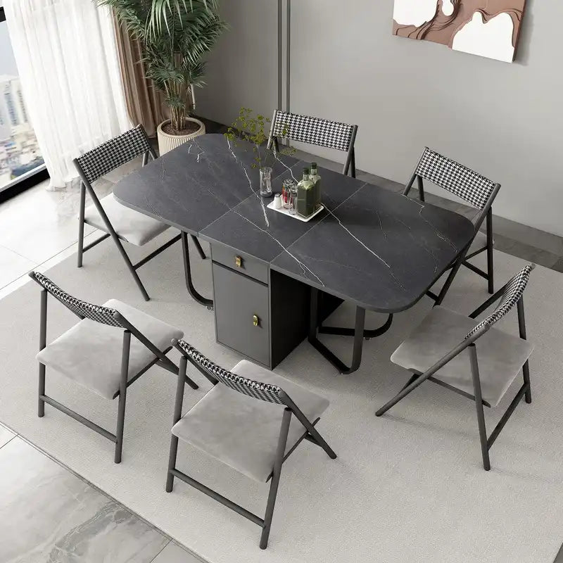 Modern Folding Marble Dining Table with Storage & Gold Accents Unfolded:63''L*31.5''W*29''H Black