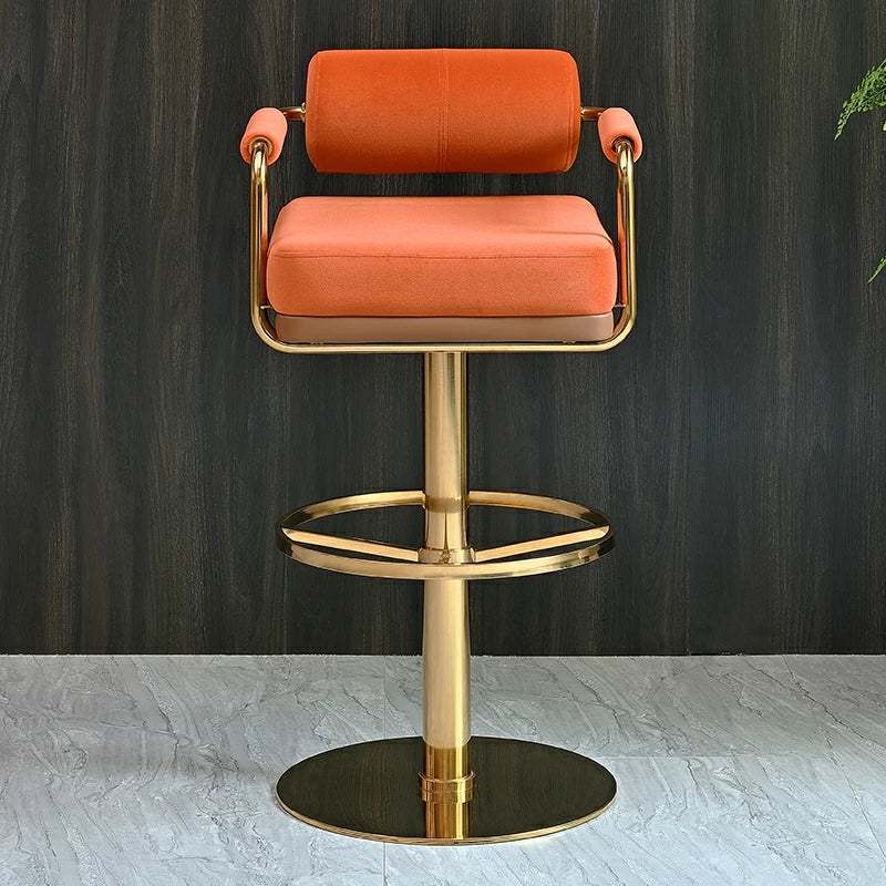 Modern Velvet Bar Stool with Gold Stainless Steel Base – Swivel Adjustable Counter Chair in Burnt Orange