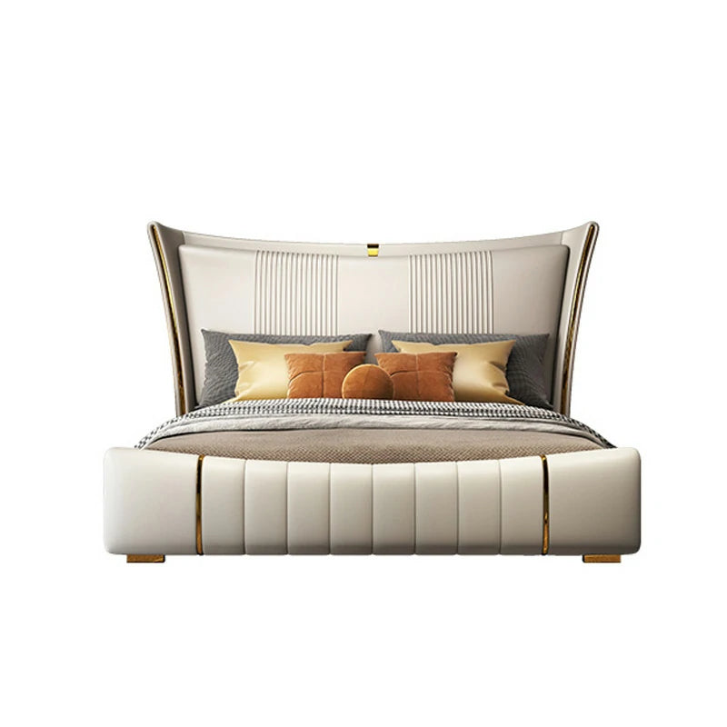 Luxury Wingback Bed - Gold & Cream Faux Leather Design
