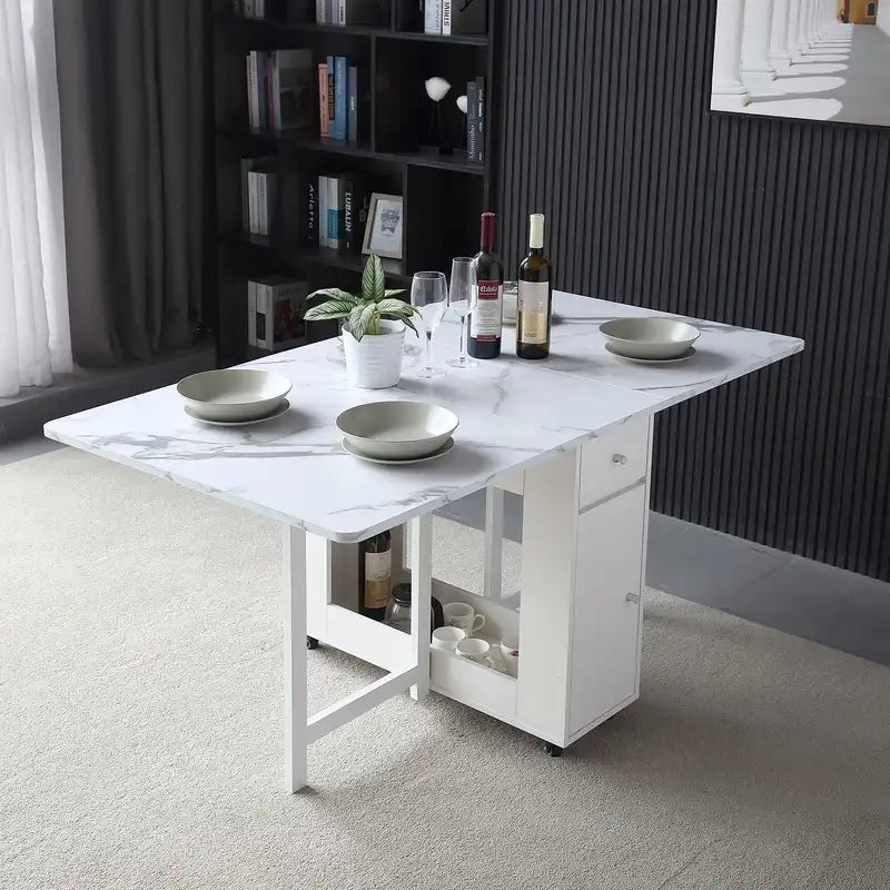 Modern Foldable Marble Dining Table with Storage & Wheels
