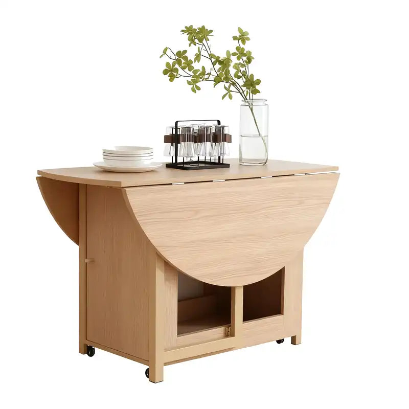 Space-Saving Cream Folding Dining Table with Storage & Wheels