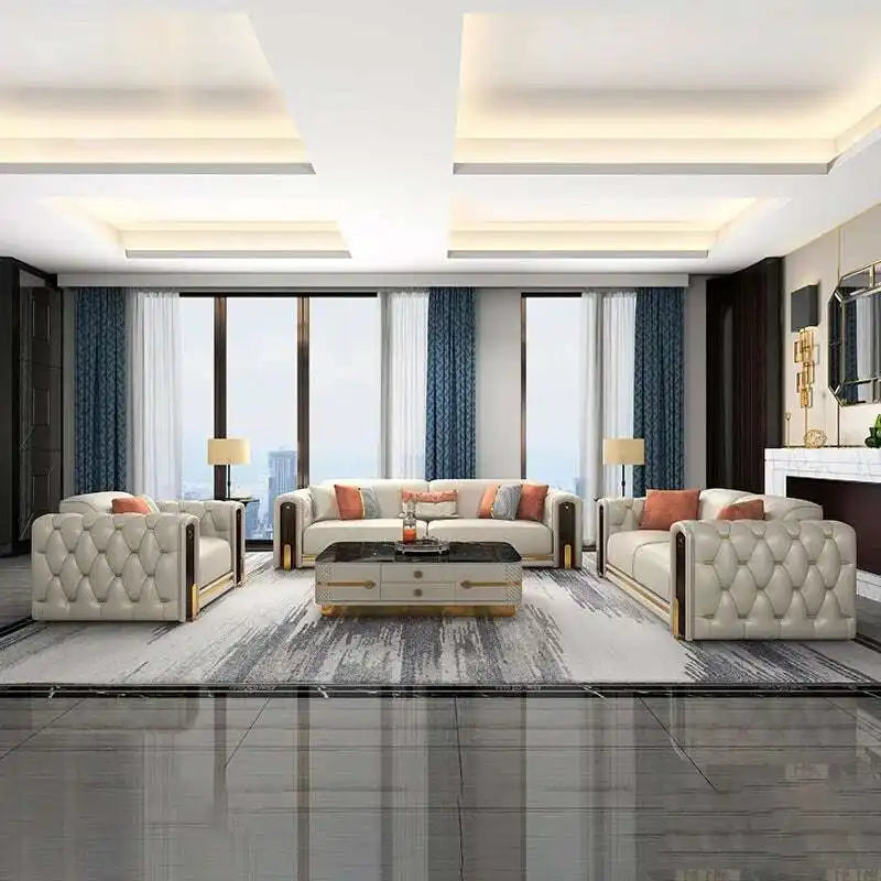 Luxury Leather Sofa with Gold Accents & Pillows