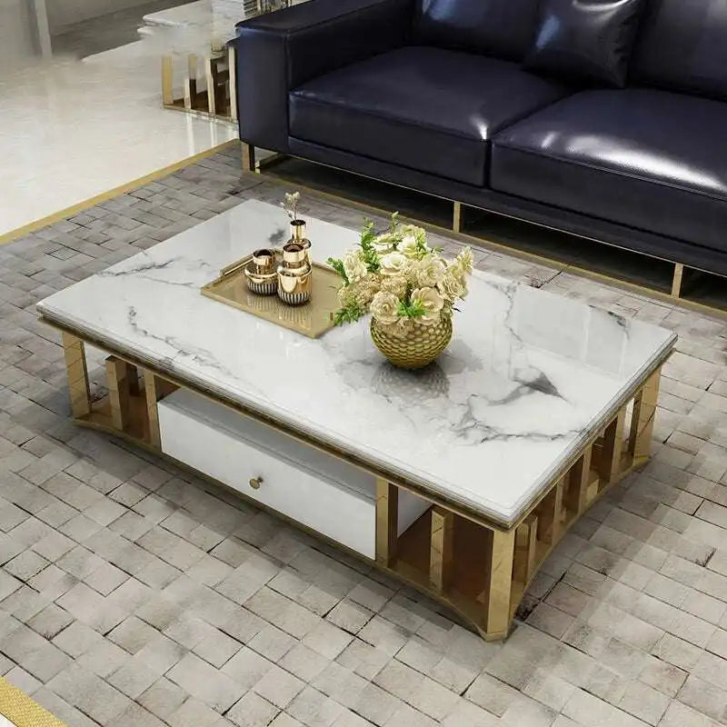 Marble Coffee Table with Gold Accents & Hidden Storage