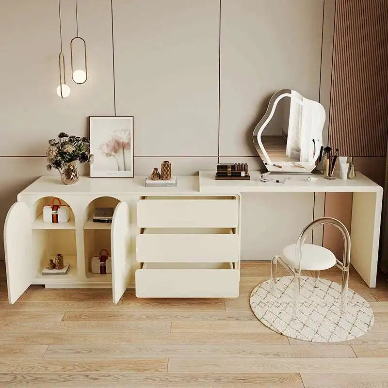 FUNROLUX Modern Champagne Dresser Vanity Set Extendable Desk Vanity Combo Chair & Light