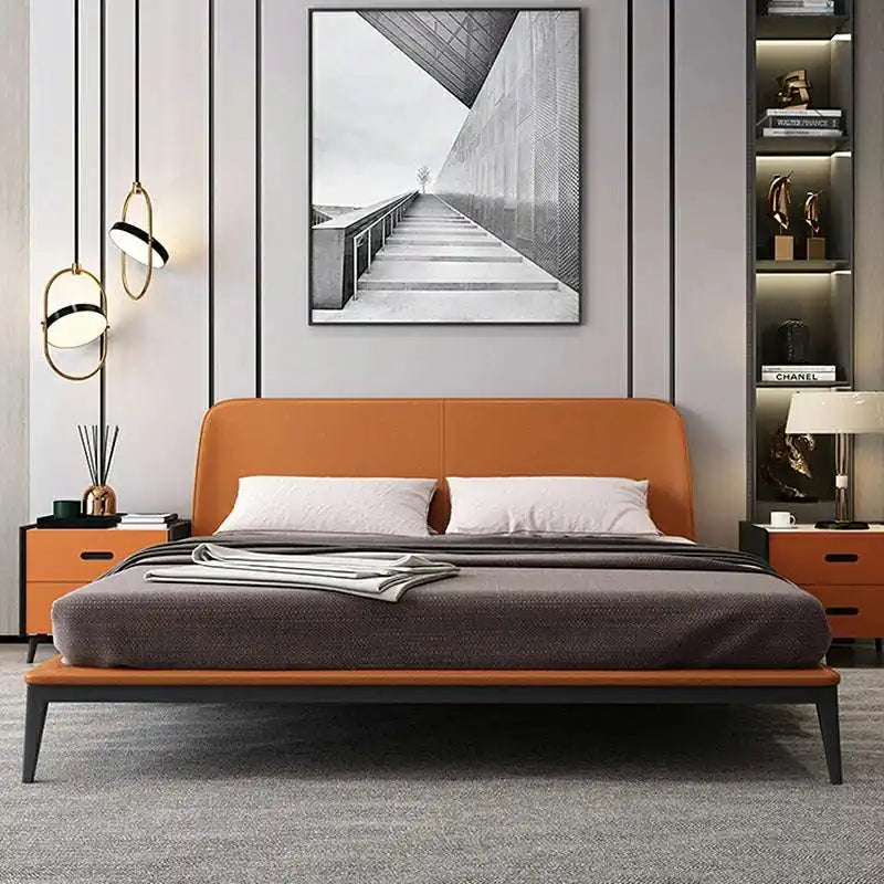 Faux Leather Platform Bed - Rust Brown - Modern Bed Frame