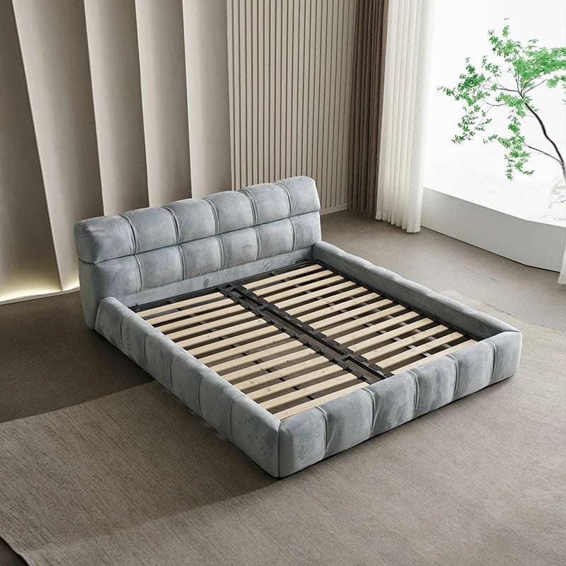 Gray Velvet Platform Bed – Tufted Headboard