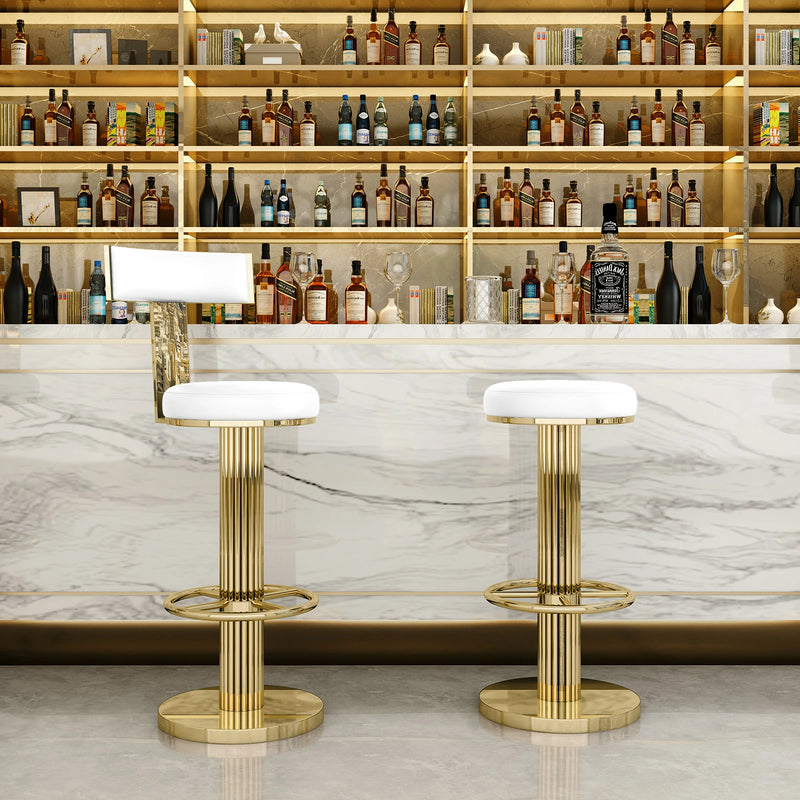 Modern Gold Stainless Steel Adjustable Bar Stool with White Leather Seat – 25.5