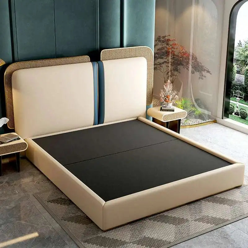 King Bed with Rattan Headboard - Chic Gold
