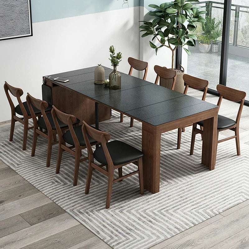 Extendable Stone Top Dining Table with Wood Base – Space Saving