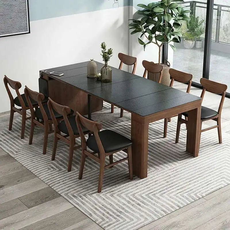 Extendable Stone Top Dining Table with Wood Base – Space Saving