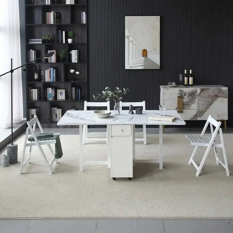 Extendable Marble-Top Folding Dining Table with Storage