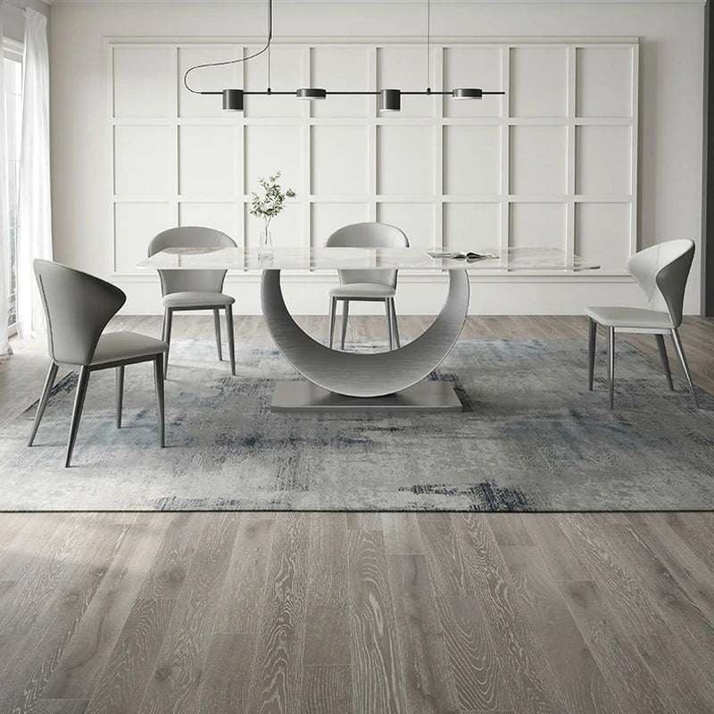 Curved Metal Dining Table with Marble-Style Top