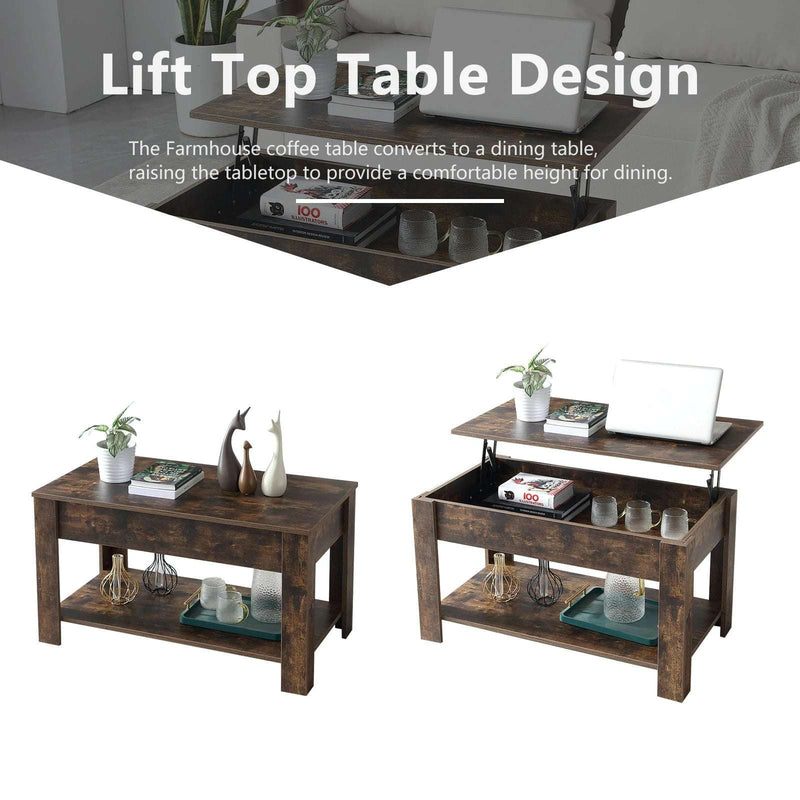 Lift Top Coffee Table with Hidden Compartments and Storage Shelves, Adjustable Wood Lift Tabletop Center Table Coffee Tables for Living Room Reception Room Office (Brown)
