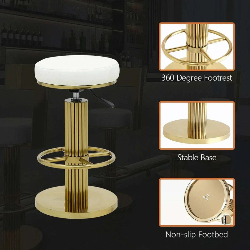 Gold Bar Stool - Adjustable Height & White Leather
