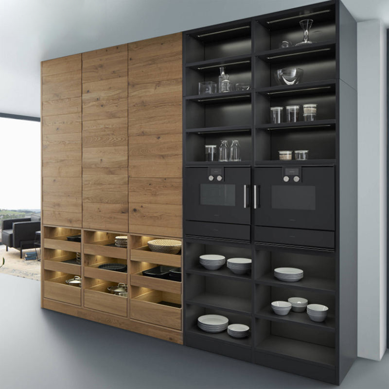 Modern Custom Kitchen Cabinet with Wood and Matte Black Finish, Built-In Open Shelves and Appliances Storage, LED-Illuminated Drawers for Stylish and Functional Home Kitchen Organization