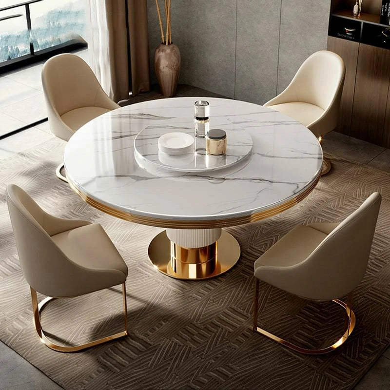 Modern Round Marble Dining Table Set with Gold Accents