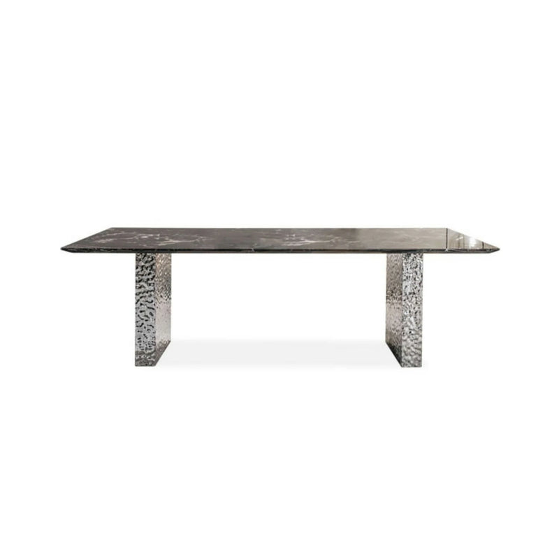 Marble Dining Table with Textured Metal Pedestal Base
