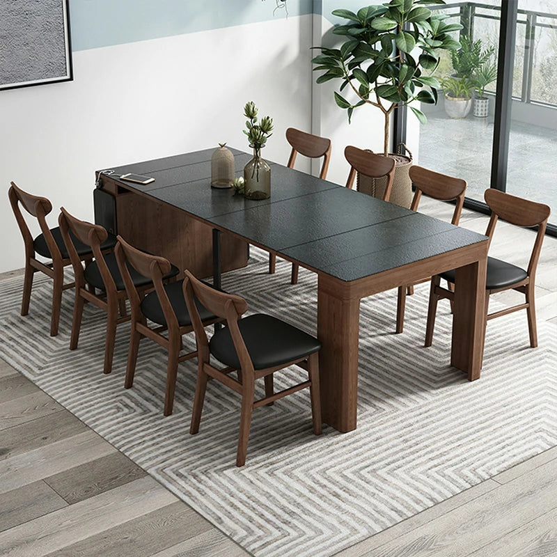 Extendable Stone Dining Table with Wood Base – Space Saver