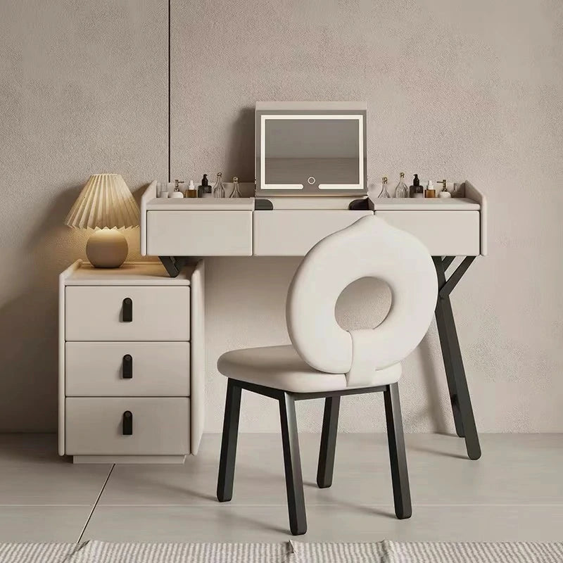 Modern Vanity Desk with Foldable LED Mirror, Upholstered Chair & Extendable Storage Design
