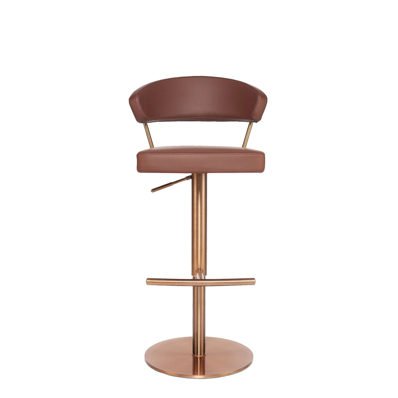Contemporary Caramel Adjustable Bar Stool with Open Metal Back and Gold Base