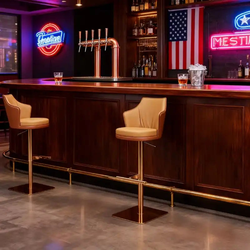 Caramel Leather Bar Stool – Adjustable Height Gold Base