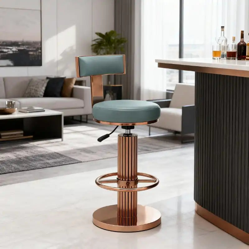 Rose Gold Bar Stool | Blue Faux Leather Seat
