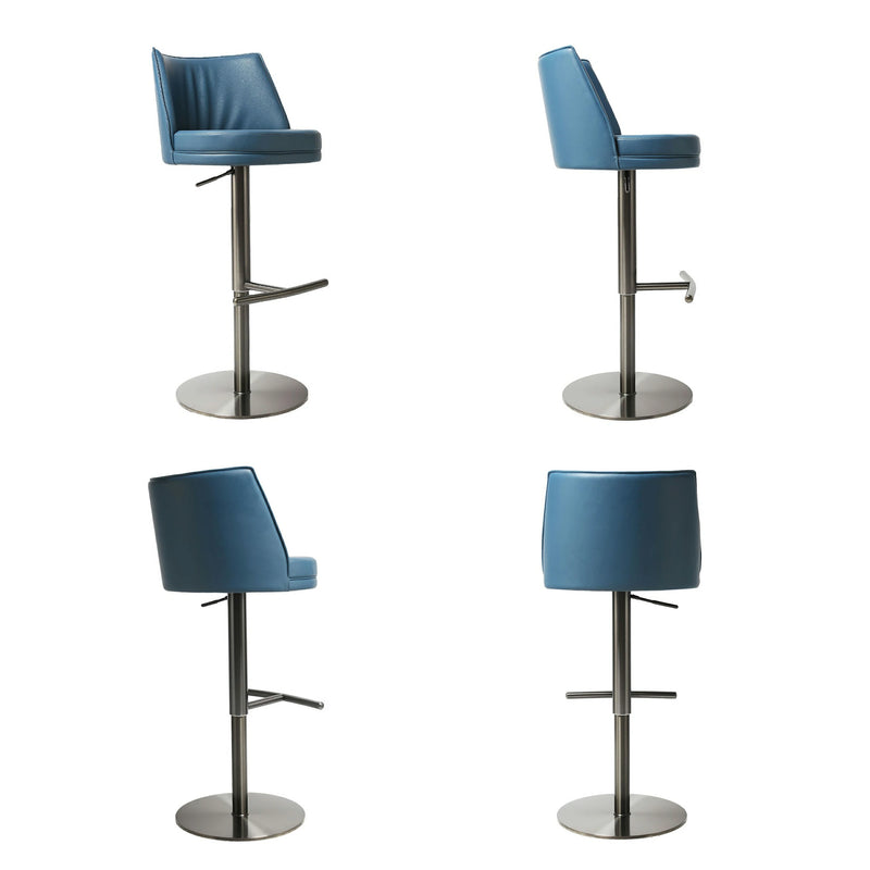 Modern Blue Leather Adjustable Bar Stool with Brushed Stainless Steel Base