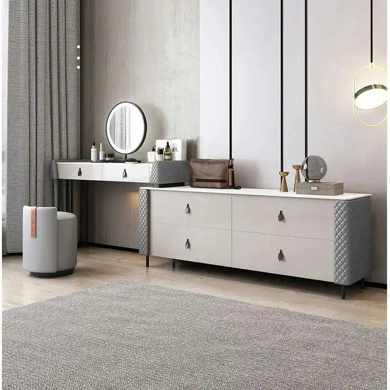 Modern Dresser Vanity Set Extendable Desk Vanity Combo Stool & Light