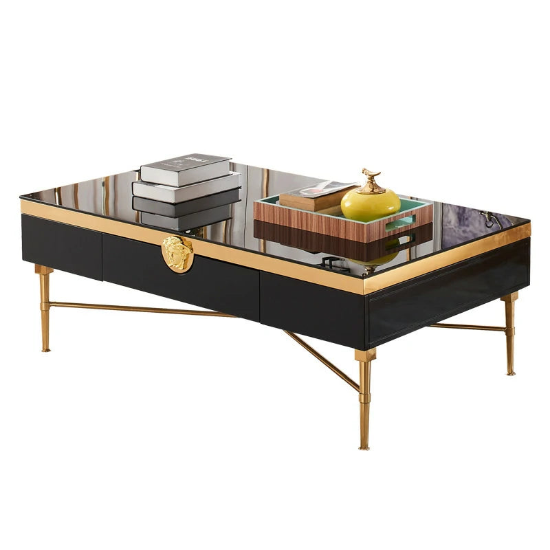 Black Glass Coffee Table with Gold Accents - Modern Style